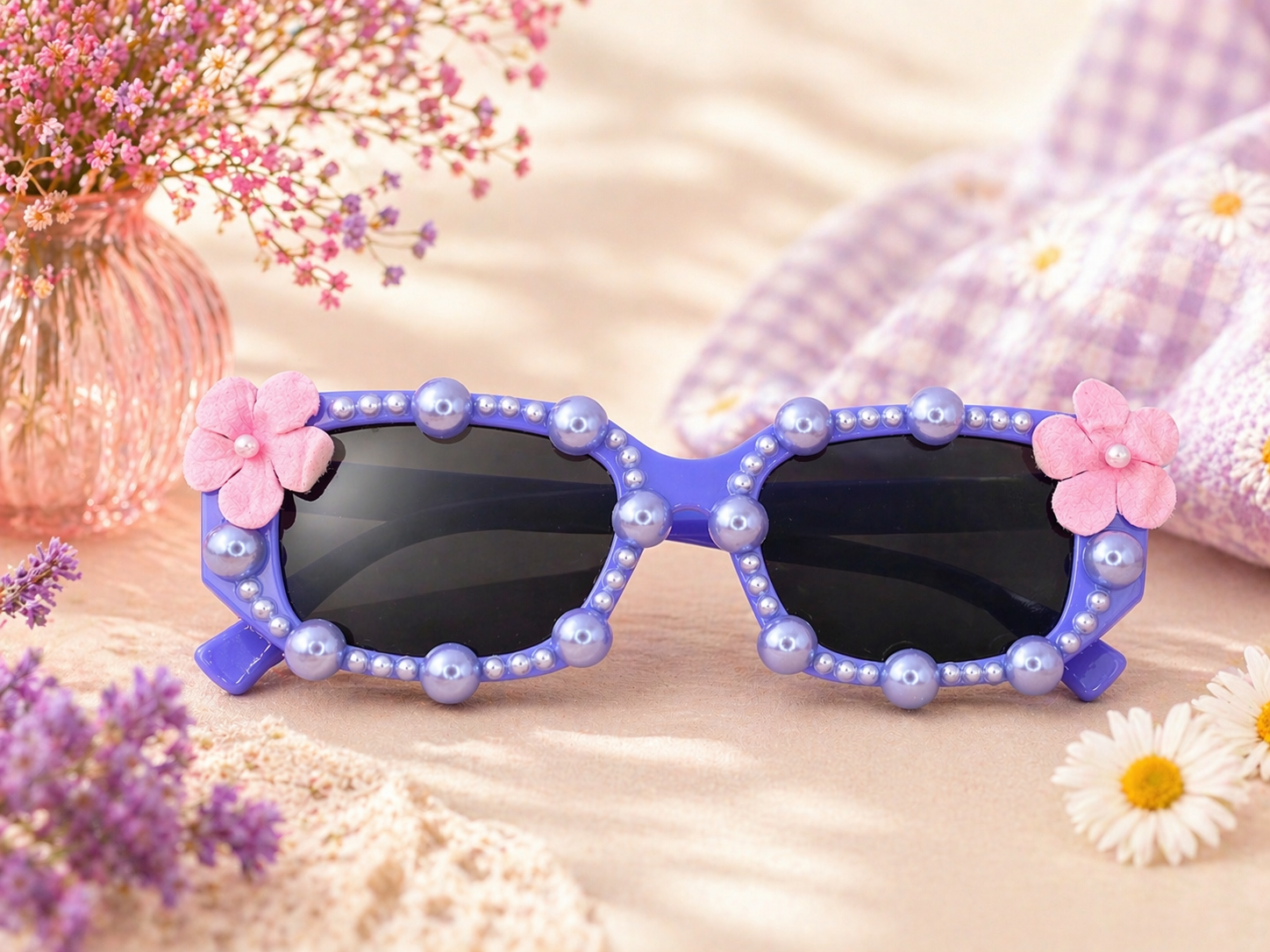Purple Pearl Flower Kids Sunglasses | Handmade Girls Summer Shades