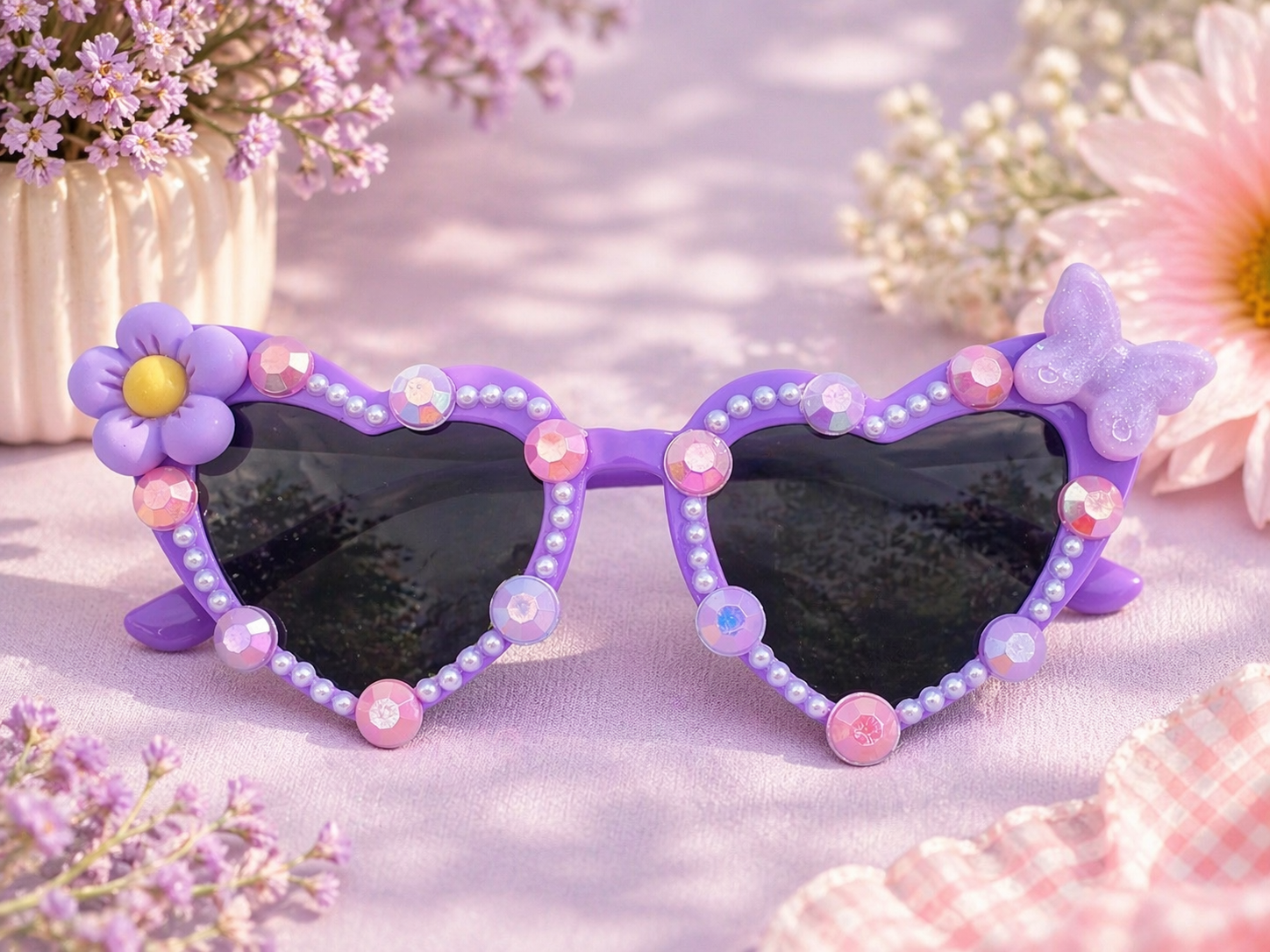 Purple Butterfly Flower Kids Sunglasses | Handmade Girls Heart Shades