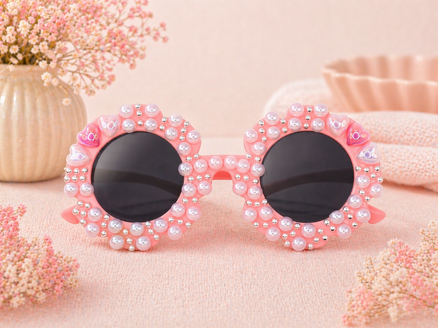 Pink Pearl Heart Kids Sunglasses | Handmade Round Girls Shades